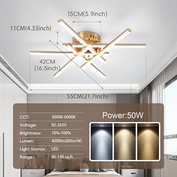 CANEOE Modern Led Ceiling Light,6-Lights Gold Sputnik Semi Flush Mount Ceiling Light, Modern Chandelier Ceiling Lighting Fixtures for Bedroom Living Room Dining Room Kitchen Office Ceiling Lamp