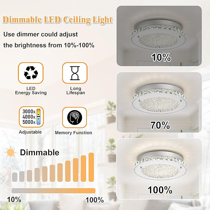 Crystal Flush Mount Ceiling Light 3000/4000/5000K Modern Crystal Light Fixtures Ceiling Mount for Bathroom Hallway Porch Laundry Room Cloakroom 11", LED, Dimmable