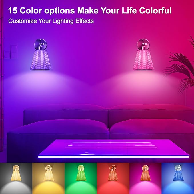 Frideko Swing Arm Rechargeable Battery Operated Wall Sconces Set of Two with Remote, RGB 15 Colors Dimmable Wall Light with Plastic Lampshade, 4 Timer Indoor Boho Wireless Sconce Lighting for Bedroom