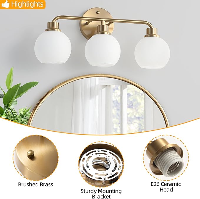 Bathroom Light Fixtures Gold Vanity Light 3 Light Wall Sconces Lighting Brushed Brass Lights with Milk Globe Glass Shades Bath Wall Lamp for Mirror Kitchen Living Room Bedroom Hallway