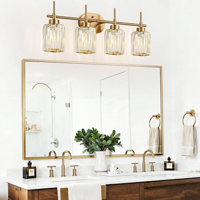 Modern Crystal Bathroom Vanity Light, 4-Light Gold Bathroom Light Fixtures Over Mirror, Crystal Vanity Light with Brushed Gold Finish (Bulbs Not Included)