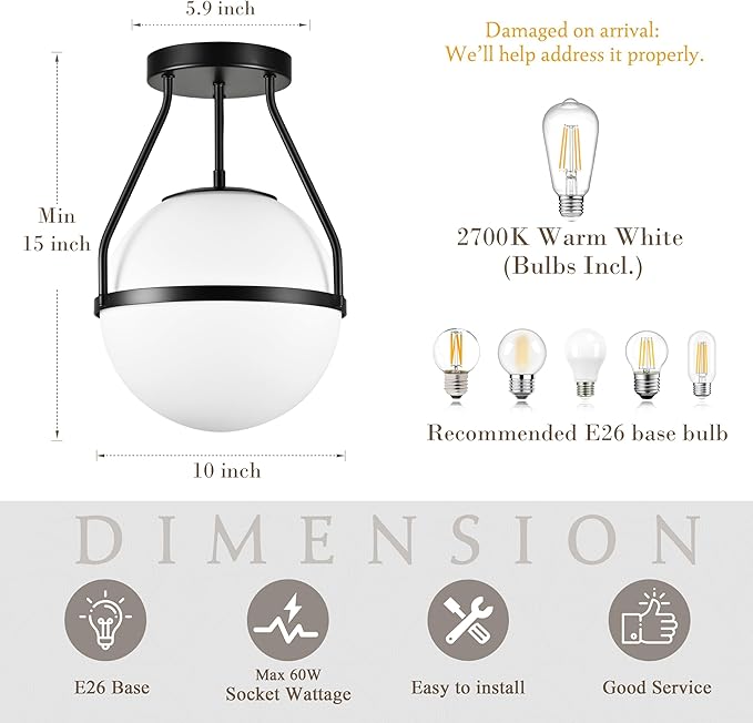 Bagood 10" Mid Century Ceiling Light Modern Semi Flush Mount Ceiling Light Fixture Globe Ceiling Light Fixture with Milk Glass Shade Matte Black Finish for Kitchen Island Hallway Foyer (Bulb Incl.)