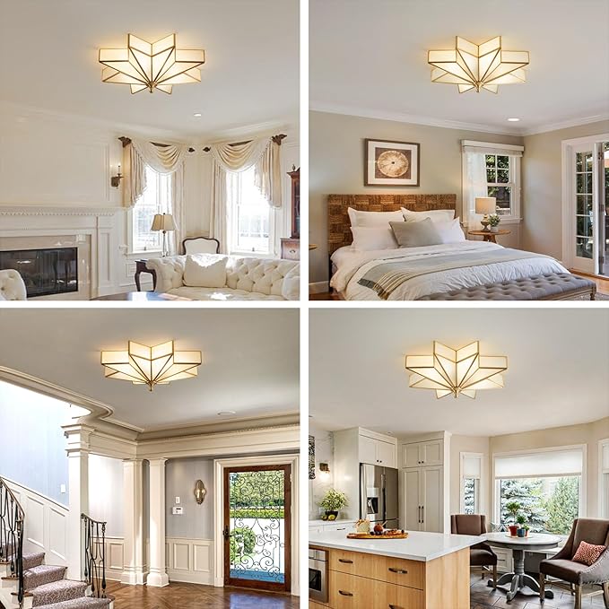 Star Brass Glass Ceiling Light - 19.7 In Large Gold Flush Mount Fixture - Art Deco Mid Century Vintage Modern Moravian Lighting Lights for Bedroom Dining Kitchen Foyer Farmhouse Living Room