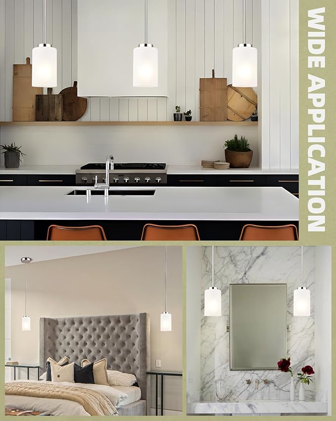 2 Pack Pendant Light Fixtures, Adjustable Brushed Nickel Hanging Ceiling Lights with White Frosted Glass Shades, House Indoor Light for Kitchen Island Bedroom