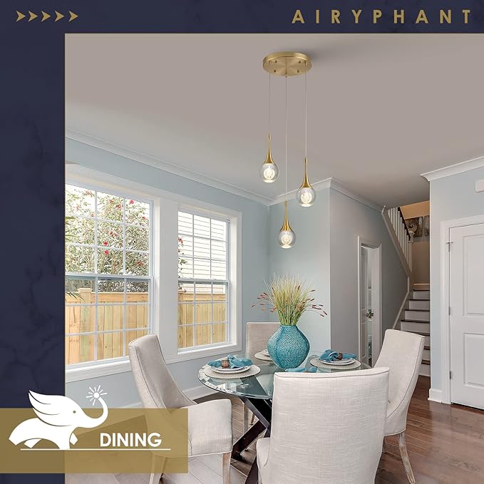 3 Light Gold Pendant Lighting, 15W Modern Dimmable LED Teardrop Crystal Chandelier Cluster Pendant Light for Kitchen Island Dining Room Hallway Bathroom 3000k Warm White