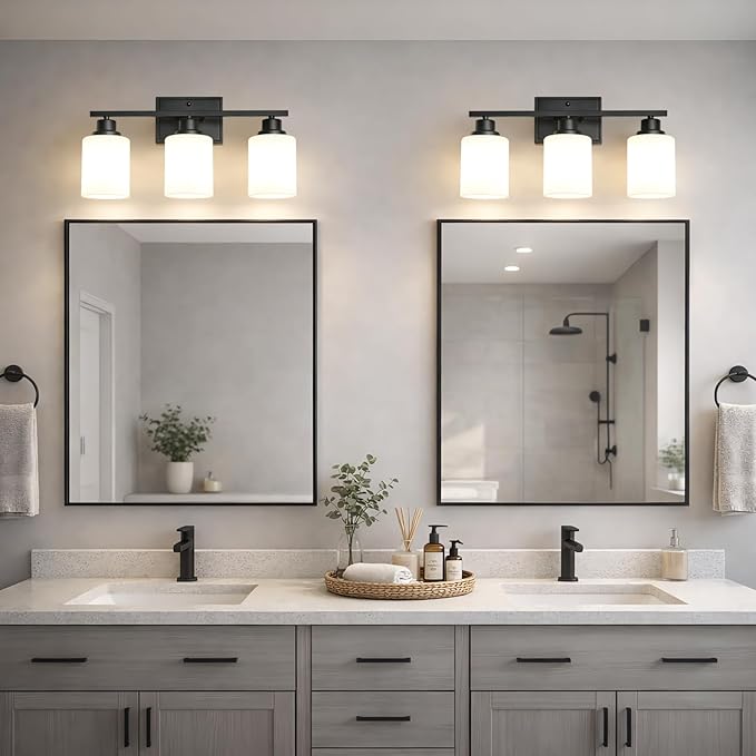Unicozin 3-Light Bathroom Light Fixtures, Modern Black Vanity Light Over Mirror, Wall Sconces with Milky White Glass Shades for Living Room Bedroom Hallway E26 Base