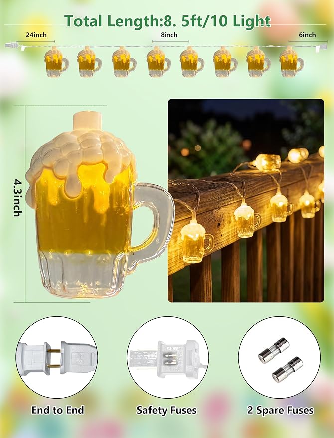 10 LED 3D Beer Mug String Lights Plug in | 8.5Ft Connectable Party Decor | Waterproof & UL Listed Safety, Up to 45 Strands, Summer Tropical Lighting for Luau Pool Tiki Patio Backyard Gathering