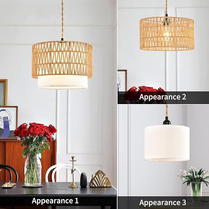 Boho Plug in Pendant Light Rattan Hanging Lights with Plug in Cord,Indoor Hanging Lamp with Dimmer Switch,Wicker Bamboo Woven LampShade Hanging Lamp Plug in for Bedroom Living Room Kitchen Island