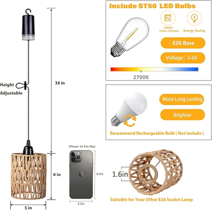 Battery Operated Chandelier, Battery Hanging Pendant Light, Rattan Lights with Warm White Bulb, 4*AA Battery Powered, for Gazebo Pergola Porch Patio Outdoor Indoor Decor (2)