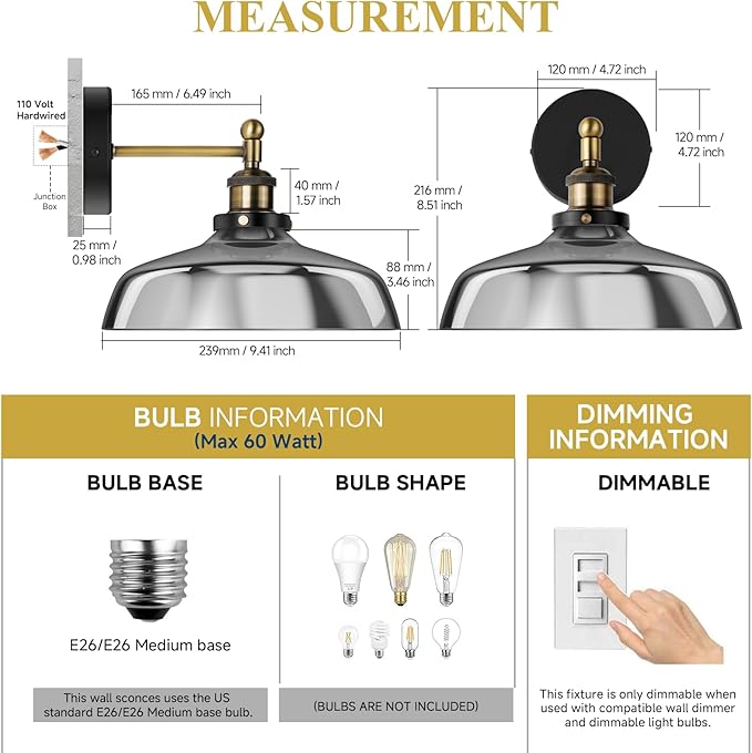 Vintage Wall Sconces Set of 2 Indoor 110V Hardwired Smoked Glass Wall Mounted Lamp Light Fixtures for Bathroom Vanity Kitchen Hallway Stairway, Anti-Rust Brushed Bronze Finish, E26 Base, WS-23061-D2