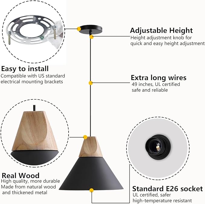Pendant Light,Solid Wood Ceiling Hanging Lamp,Modern Matte Black Pendant Lighting for Kitchen Island Dining Room Coffee Bar (Black-3 Pack)
