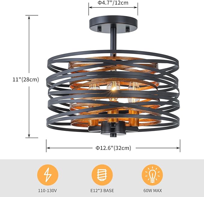 D13 inch Farmhouse Ceiling Light, 3-Light Rustic Design Semi-Flushmount Close to Ceiling Light Fixture, for Living Room, Foyer, Bedroom, D12.6 x H11 in, Matte Black & Wood Texture Finish