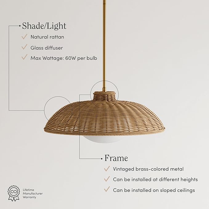 Nathan James Belleville Boho Rattan Pendant Light with Diffuser, Sloped Ceiling Pendant Light with Rattan Shade and Glass Diffuser, Set of 2