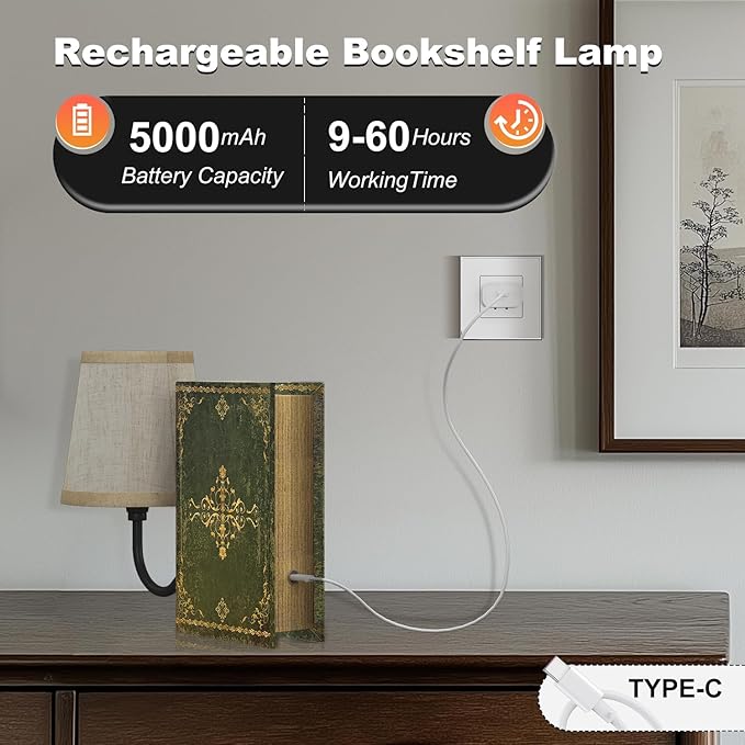 Vintage Bookshelf Lamp Rechargeable, Cordless Book Lamp with Linen Shade, Dimmable Touch Control Table Lamp, Modern Decorative Bookend, Bookshelf Lights for Office Home, Library, Study