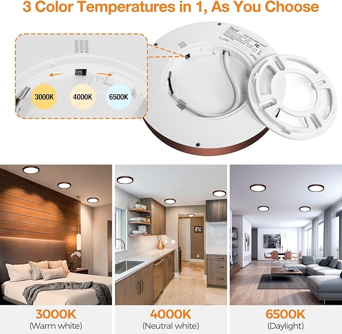 8PACK LED Flush Mount Ceiling Light Fixture, 3000K-4000K-6500K & 100W Equivalent Modern Kitchen Recessed Ceiling Lamp 15W 1500Lm 7.5 Inch Closet Round Surface for Bathroom Laundry-Oil-Rubbed Bronze