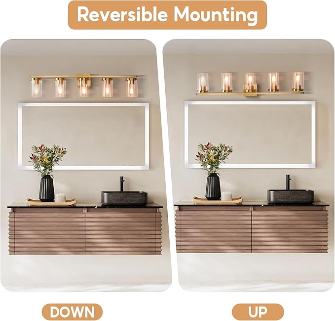34in Bathroom Light Fixture Over Mirror, 5-Light Gold Vanity Lights with Clear Glass Shades, Modern Wall Sconces for Living Room, Bedroom, Hallway, E26 Base