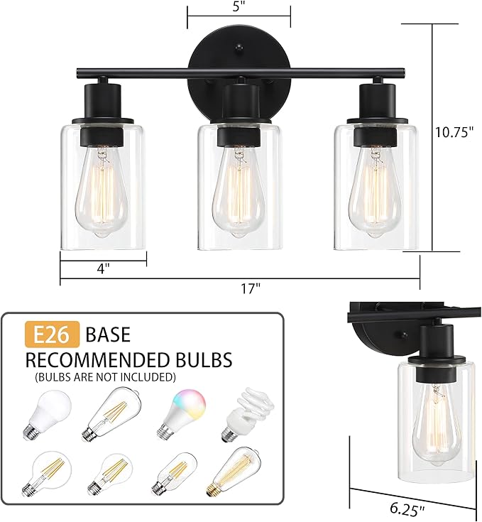 Pia Ricco Bathroom Vanity Light Fixtures, 3-Light Black Vanity Lights with Clear Glass Shades, Modern Wall Light Fixture Over Mirror, Bathroom Wall Sconces for Mirror Living Room Bedroom Hallway