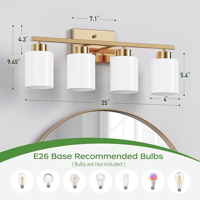 PARTPHONER 4-Light Brushed Gold Bathroom Light Fixtures, Modern Vanity Light Over Mirror Lighting, Wall Sconce with Frosted Milky White Glass Shades for Bedroom Living Room Kitchen Hallway