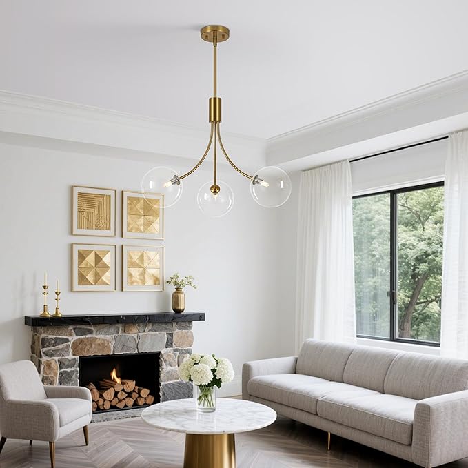 3-Light Modern Kitchen Chandelier,Gold Island Lights with Clear Glass Shade,Perfect Dining Room Lights for Kitchen Island, Living Room,Bedroom,Or Foyer Entryway,25.2 Inch,G9 Bulb