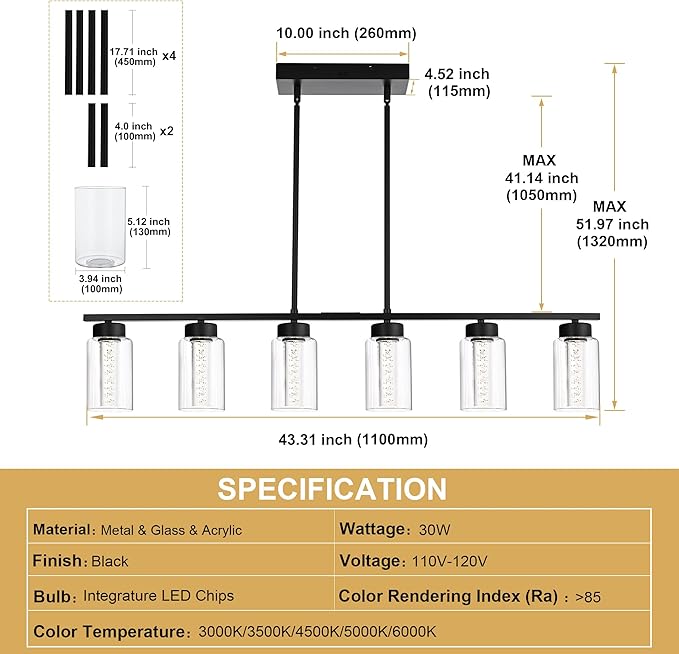 TODOLUZ 6-Lights 5CCT LED Black Kitchen Island Light LED Integrated Bulbs Included, Modern Linear Pendant Light Fixtures Hanging with Bubble Crystal LED & Clear Glass Shade