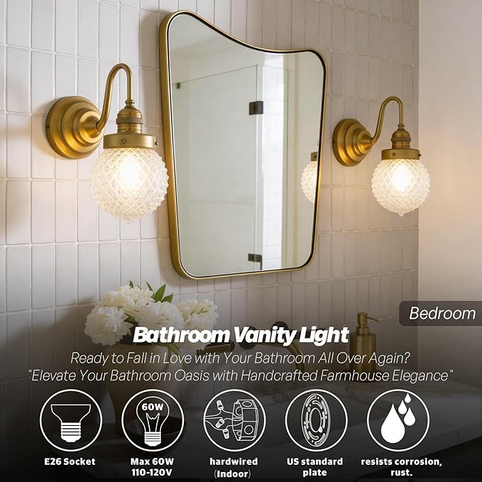Vintage Gold Wall Sconces Brass Bathroom Sconces with Round Pineapple Pattern Clear Glass Shade Hardwire Mid Century Wall Mounted Lamp for Bathroom Living Room Bedroom Kitchen Indoor