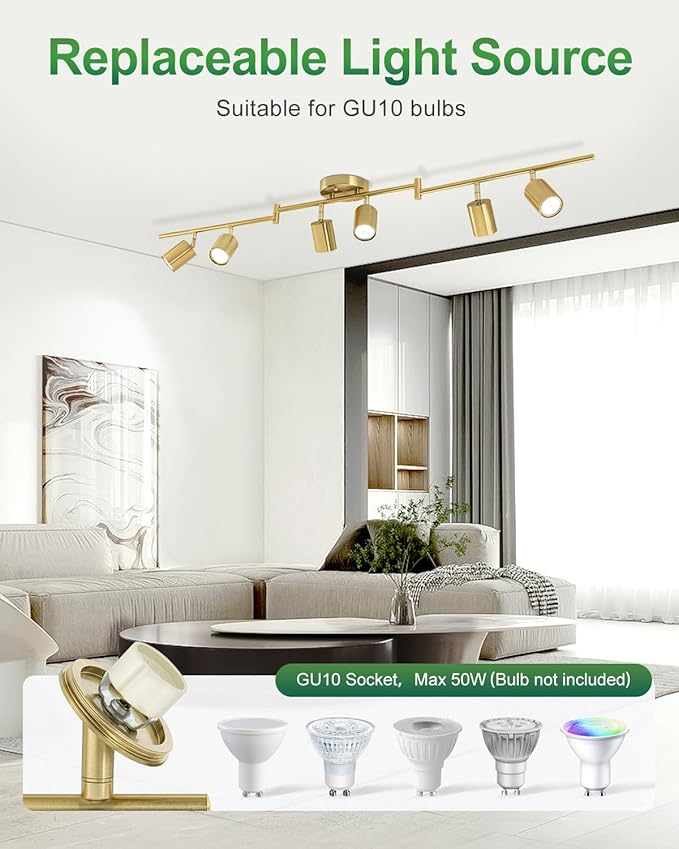 6 Ways Track Lighting, Rotatable Heads Tracks Light, Track Lightings Fixtures Ceiling with Foldable Arms, Brushed Gold Tracks Light for Kitchen, Living Room, Hallway(Bulbs Not Included)