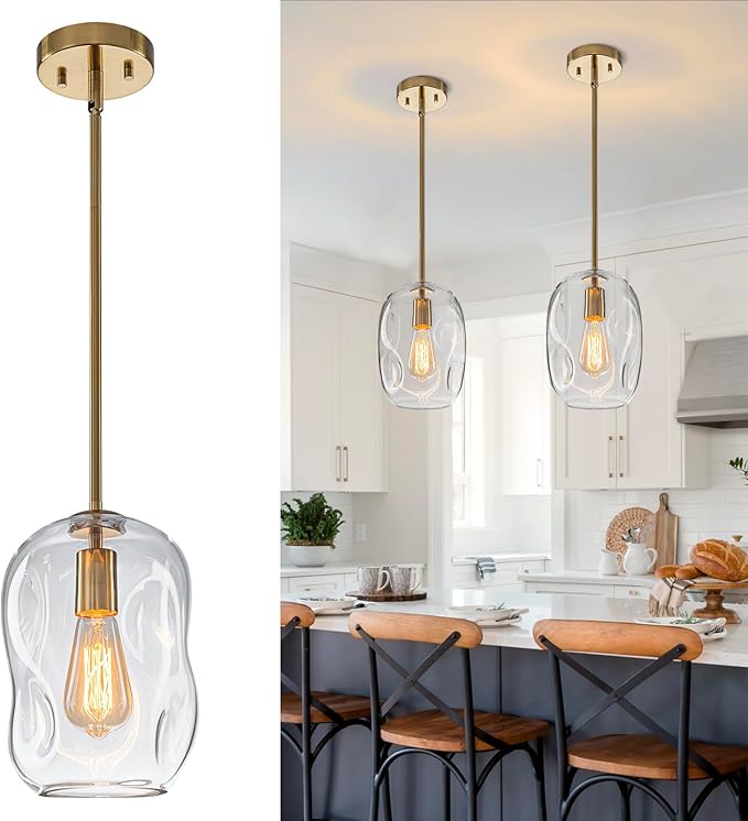Glass Pendant Lights Kitchen Island -1 Light Gold Hanging Light Fixture Bar Modern Pendant Lighting Ceiling with 9.6" Height Clear Thick Organic Glass Shade for Kitchen Sink Dining Table,E26,1 Pack