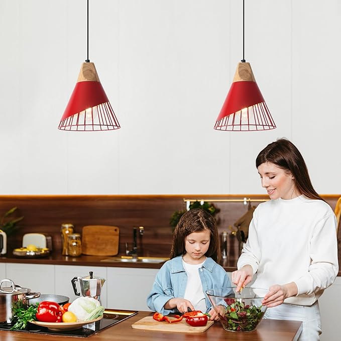 Farmhouse Pendant Light 9.4ines, 2 Packs- Red Industrial Kitchen Pendant Lights for Kitchen Island, Bar, Bedroom, Office, Library