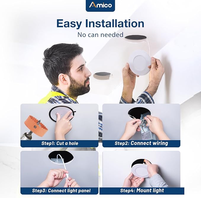 Amico 4 Pack 3 Inch 5CCT Ultra-Thin LED Recessed Ceiling Light with Junction Box, 2700K/3000K/3500K/4000K/5000K Selectable, 7W Eqv 60W 500LM Brightness Dimmable Canless Wafer Downlight, ETL