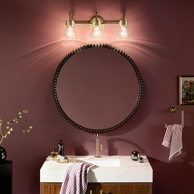 Kichler Farum 26" 3-Light Bathroom Vanity Light Fixture with Clear Glass in Champagne Bronze for Over Mirror, Modern Wall Mount Lighting (26" W x 9.5" H), 55155CPZCLR