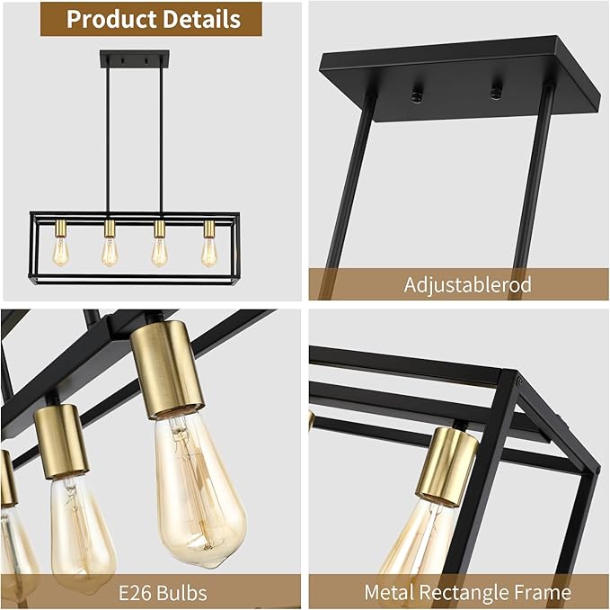 Yusist 4-Light Dining Room Light Fixture,Black Farmhouse Kitchen Island Lighting,Rustic Pendant Light Over Table with Adjustable Rods,Modern Linear Chandeliers for Dining Room Kitchen Island