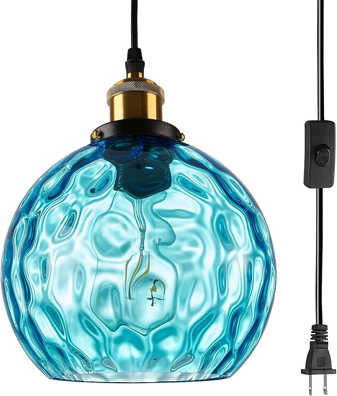 Blue Globe Glass Plug in Pendant Light Mid Century Modern Hanging Ceiling Light Fixture 14.75FT Black Plug in Chandelier Lighting for Bedroom Living Room Dining Room, Corner Light Fixtures