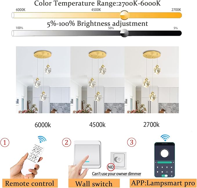 Gold Pendant Light Dimmable LED 3-Light Modern Pendant Light Kitchen Island Dining Room Bar