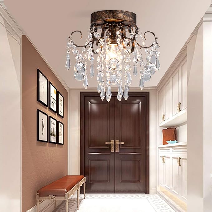 Q&S Small Crystal Ceiling Light Fixture Flush Mount,Black Ceiling Lights Modern Chandelier,Bedroom Hallway Closet Light Fixture,Dia9.5 1 Light.