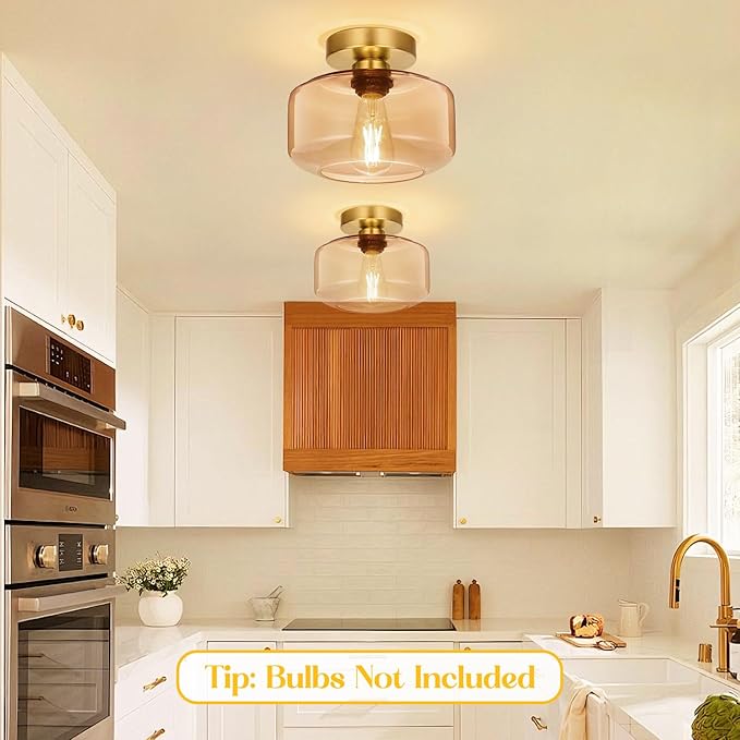 Lynnoland Industrial Semi Flush Mount Ceiling Light Brushed Gold, Amber Glass Shade Ceiling Light Fixture,Amber Light Fixture for Hallway Bathroom Bedroom, Vintage Hanging Light Fixtures