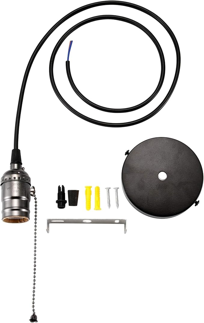 ACBungji Industiral Pendant Light Fixture with Pull Chain,DIY Vintage Hanging Lighting Kit with E26 Edison Bulb Socket 3.6FT Electrical Cord Wire for Indoor Kitchen,Black