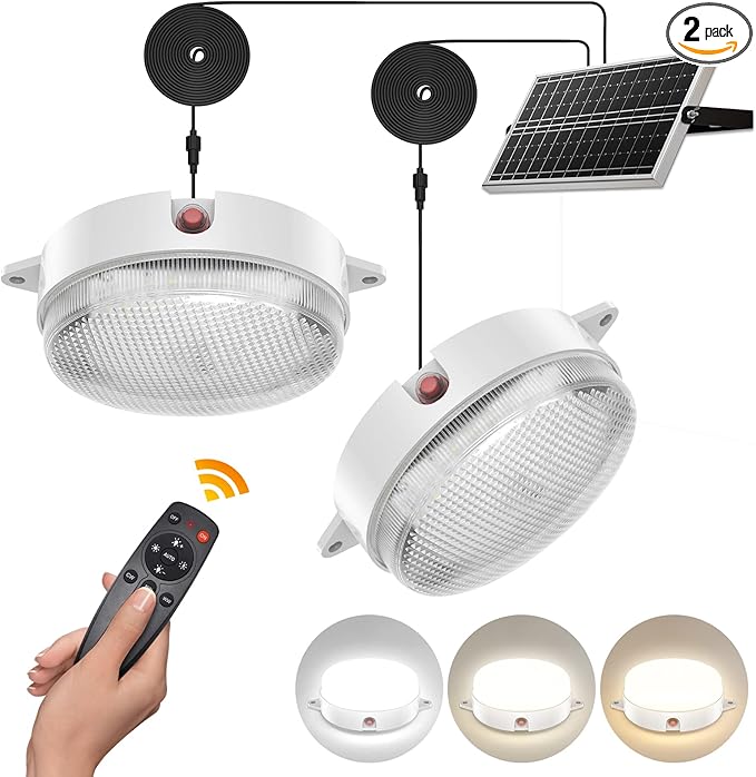Solar Ceiling Lights 2 Pack, Daytime & Night 3200K/4000K/6000K Dimmable Shed Lights with On/Off Switch & Remote, 120LED*2 Solar Lights Outdoor & Indoor for Home Barn Shop Carpot Chicken Coop