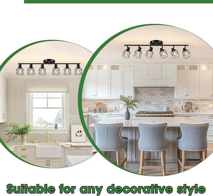6-Lights Black Semi Flush Mount Ceiling Light, Multi-Directional Ceiling Light Fixtures, Rotatable Kitchen Track Lighting Fixtures with Wire Cages for Living Room, Dining Table, Foyer