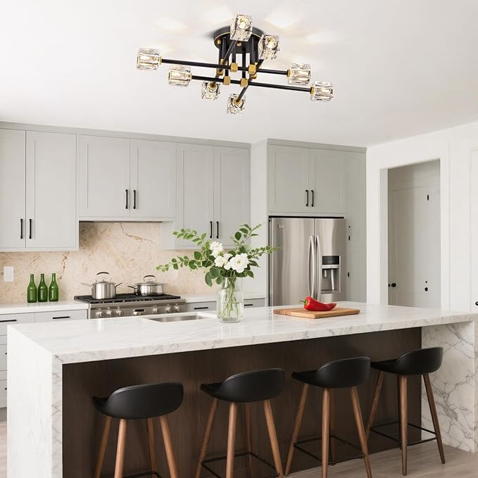 Modern Crystal Ceiling Light Fixture,Semi Flush Mount Ceiling Light with 8-Lights,Farmhouse Black and Gold Sputnik Chandeliers for Bedroom,Dining Room,Kitchen,Entrway,Foyer,Hallway