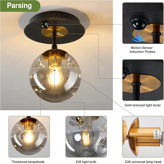 SZXYKEJI Motion Sensor Light Indoor 1-Light Mini Glass Globe Ceiling Light Fixture Modern Black Semi Flush Mount Light for Hallway Entryway Porch Stairway Closet