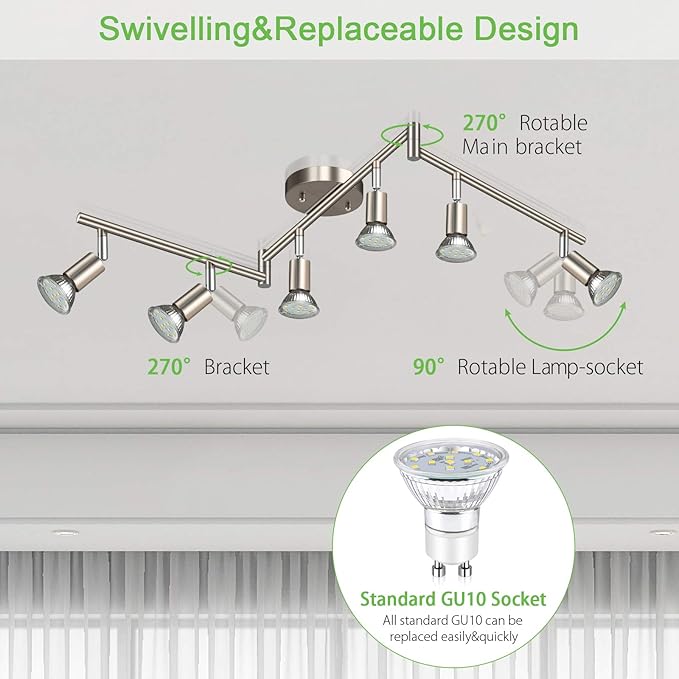 Unicozin LED 6 Light Track Lighting Kit, 46.5'' Matt Nickel 6 Way Ceiling Spot Lighting, Flexibly Rotatable Head, Modern Track Light Included 6 x LED GU10 Bulb (4W, Daylight White 5000K, 400LM)
