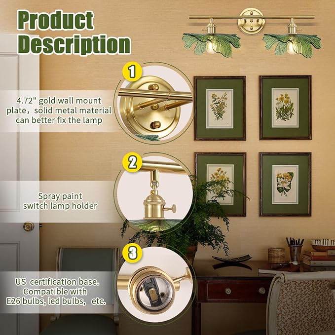 Green Bathroom Vanity Lights Over Mirror, 2 Light Vintage Wall sconces with Glass Shade Bathroom Sconce mid Century Wall Sconce Light Gold Wall Lighting Fixture for Bedside Bedroom Doorway