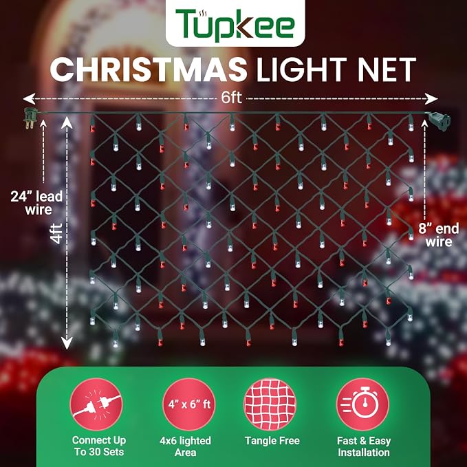 Christmas Light Net – 150 LED Cool-White Mesh Lights - 4 ft x 6 ft – Outdoor/Indoor – Net Lights for Bushes, Hedges or Trees
