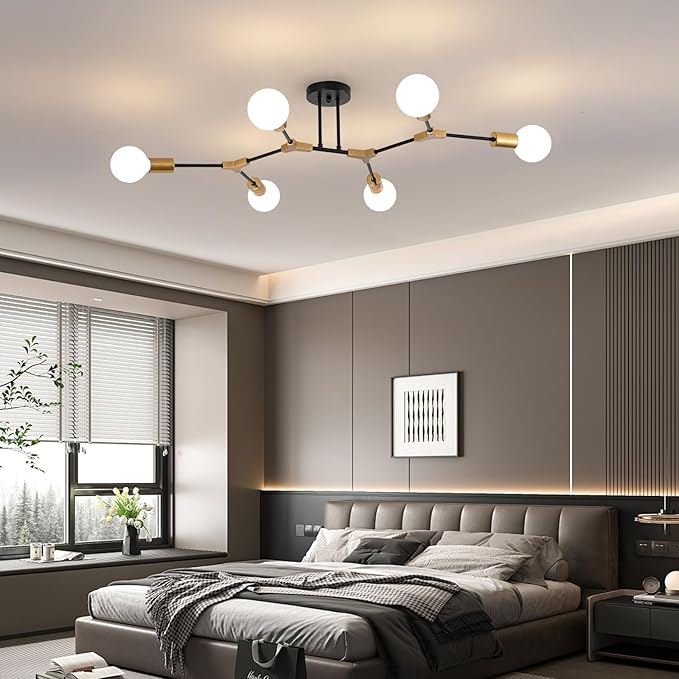 Black and Gold Semi Flush Mount Ceiling Lighting Fixture, 6 Lights Sputnik Chandelier for Living Room, Modern LED Ceiling Light Fixture for Dining Room, Bedroom, Kitchen