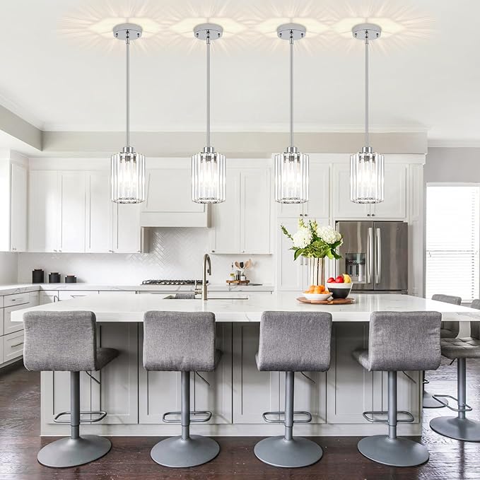 3-Pack Chrome Pendant Lights Kitchen Island Modern Crystal Hanging Pendant Light Hexagonal Mini Chandelier Adjustable Hanging Kitchen Lights for Dining Room Hallway Bedroom Entryway Light Fixture