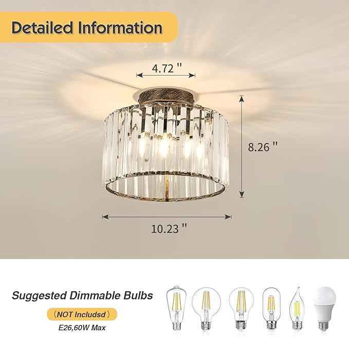 CVKASH 2 Pack Bronze Crystal Semi Flush Mount Ceiling Light Vintage Mini Ceiling Light Fixture Metal Close to Ceiling Lamp for Hallway Kitchen Living Room Bathroom Entryway Bedroom Closet