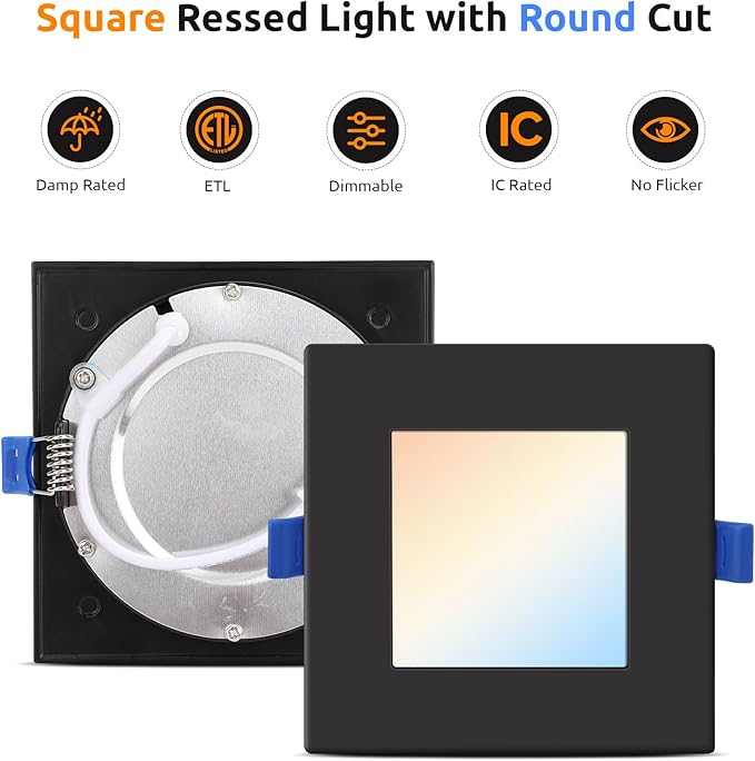 HONZIN Square LED Recessed Lighting 4 Inch, 5CCT Ultra Thin Led Recessed Ceiling Lights 6 Pack, Selectable 2700K/3000K/3500K/4000K/5000K, 9W, IC Rated, Dimmable Square Black Trim with Junction Box