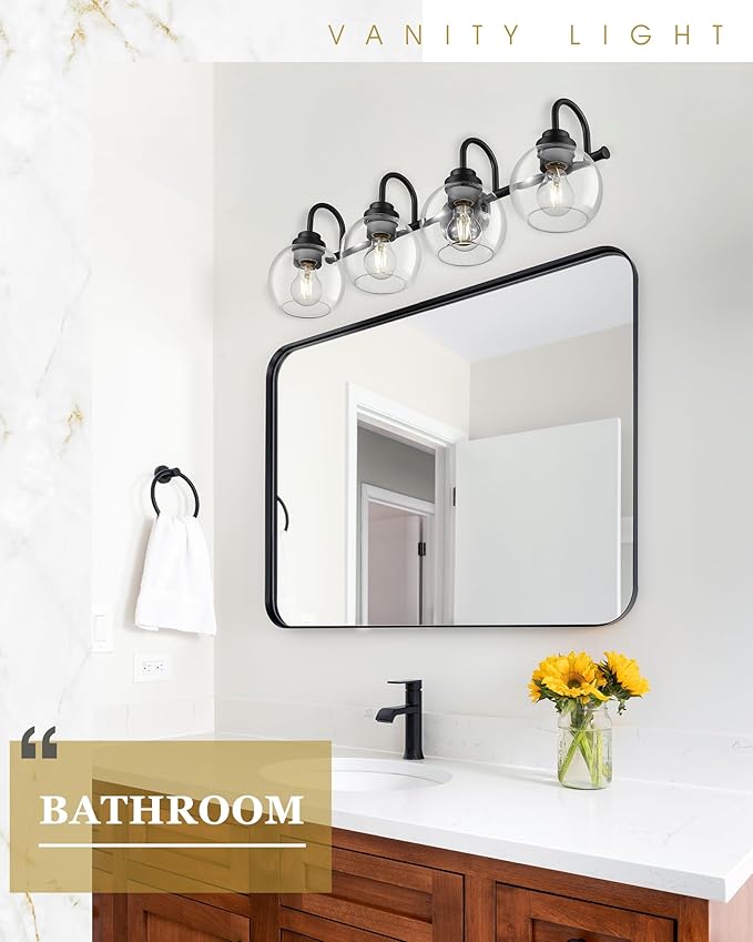 Bathroom Light Fixtures, 4-Light Matte Black Vanity Lights with Globe Clear Glass, 30 Inch Modern Vanity Lighting Fixtures Over Mirror, AD-22280-4W-BK