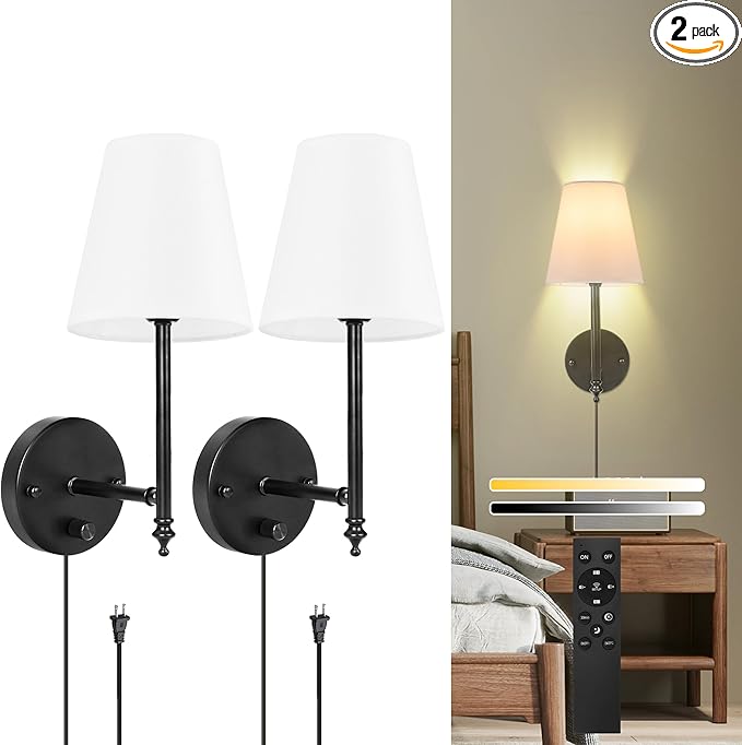 GOODATE 14.1 inch Wall Sconces Set of Two with Remote Control, Dimmable, Adjustable Colors 2700-6500K, Plug in Wall Sconces with White Fabric Shades, Plug in Wall Light, Black