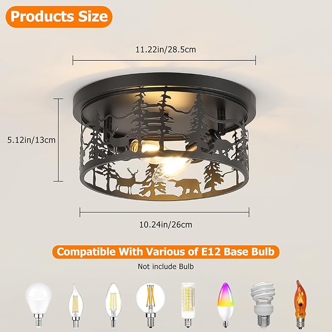 Rustic Farmhouse Flush Mount Ceiling Light, 2-Light Black Metal Bear Design E12 Round Ceiling Light Fixture, for Kitchen, Bedroom, Foyer, Cabin Lighting (Bulbs Not Included)